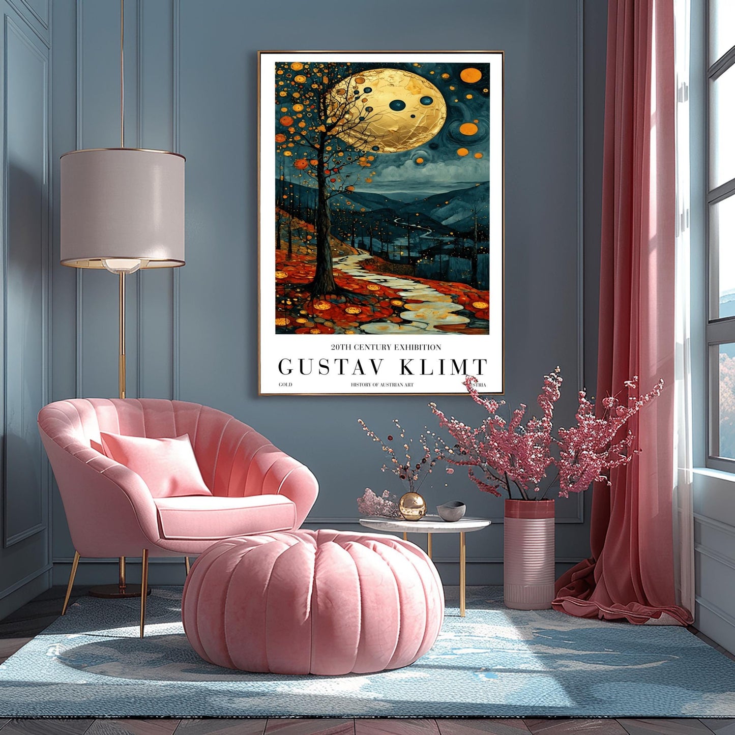 A vertical fine art painting in the style of Gustav Klimt. A massive, textured golden moon hangs in a dark, starlit sky above rolling teal mountains. A white, winding stone path leads through a foreground of orange and red autumn leaves. On the left, a slender tree is decorated with golden mosaic orbs. The overall style is rich in texture and golden ornamentation.