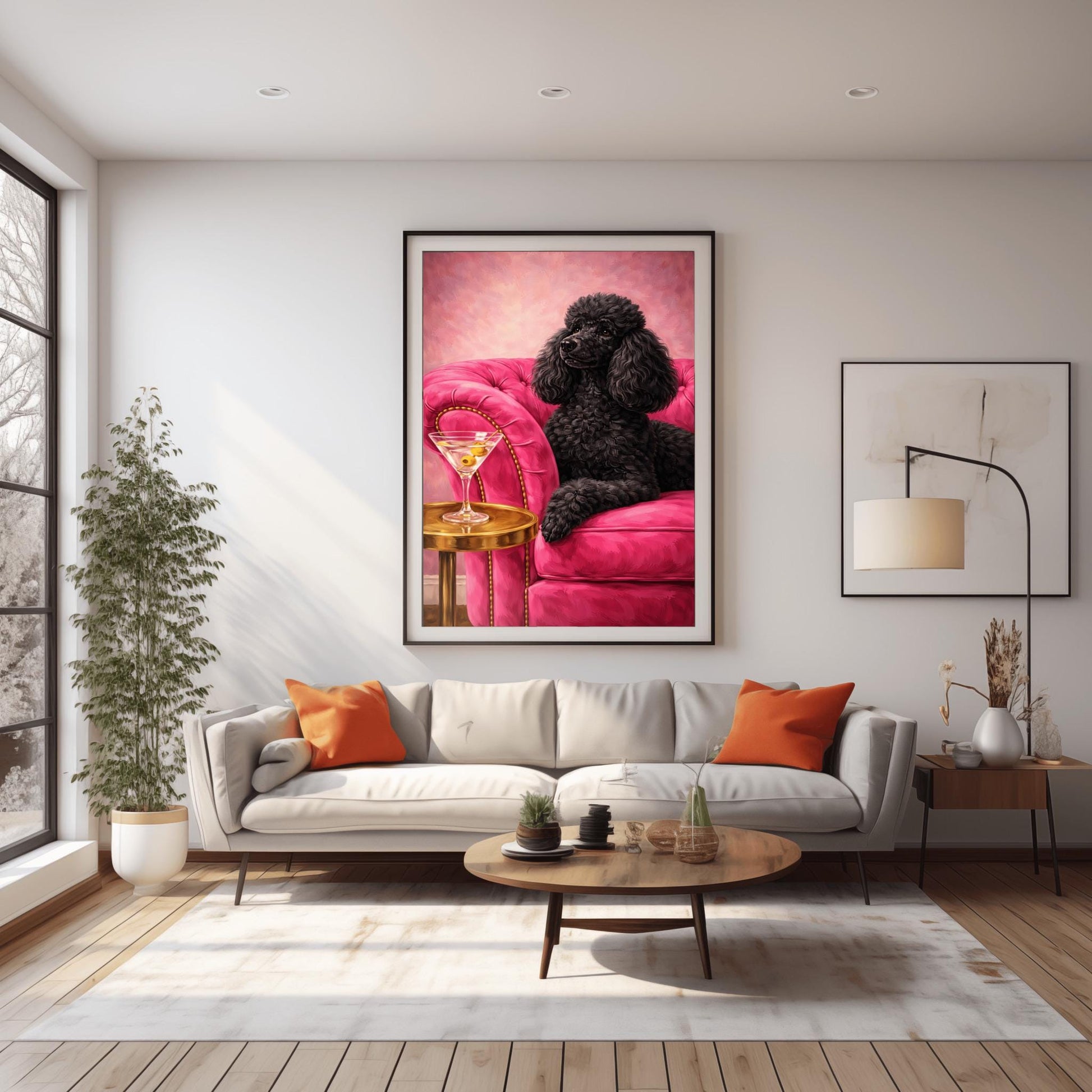A vertical oil-style painting of a sophisticated black poodle with fluffy, well-groomed fur. The poodle is lying on a vibrant hot pink velvet tufted sofa. In the foreground, a martini glass with two green olives sits on a polished round gold side table. The background is a textured light pink, and the overall mood is glamorous, colorful, and maximalist.