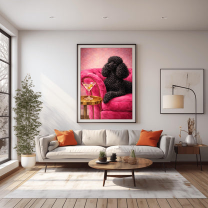 A vertical oil-style painting of a sophisticated black poodle with fluffy, well-groomed fur. The poodle is lying on a vibrant hot pink velvet tufted sofa. In the foreground, a martini glass with two green olives sits on a polished round gold side table. The background is a textured light pink, and the overall mood is glamorous, colorful, and maximalist.