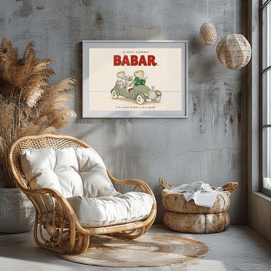 A horizontal illustration featuring Babar the Elephant and his family in a vintage sage-green roadster. Babar, wearing a green suit and crown, is driving. Beside him and in the back seat are his wife Celeste and three young elephants. The car is on a light sandy beach under a large red "BABAR" title. The background is a simple, pale cream sky with a thin blue ocean line. French text at the bottom reads, "À la rencontre de Babar et de sa famille."