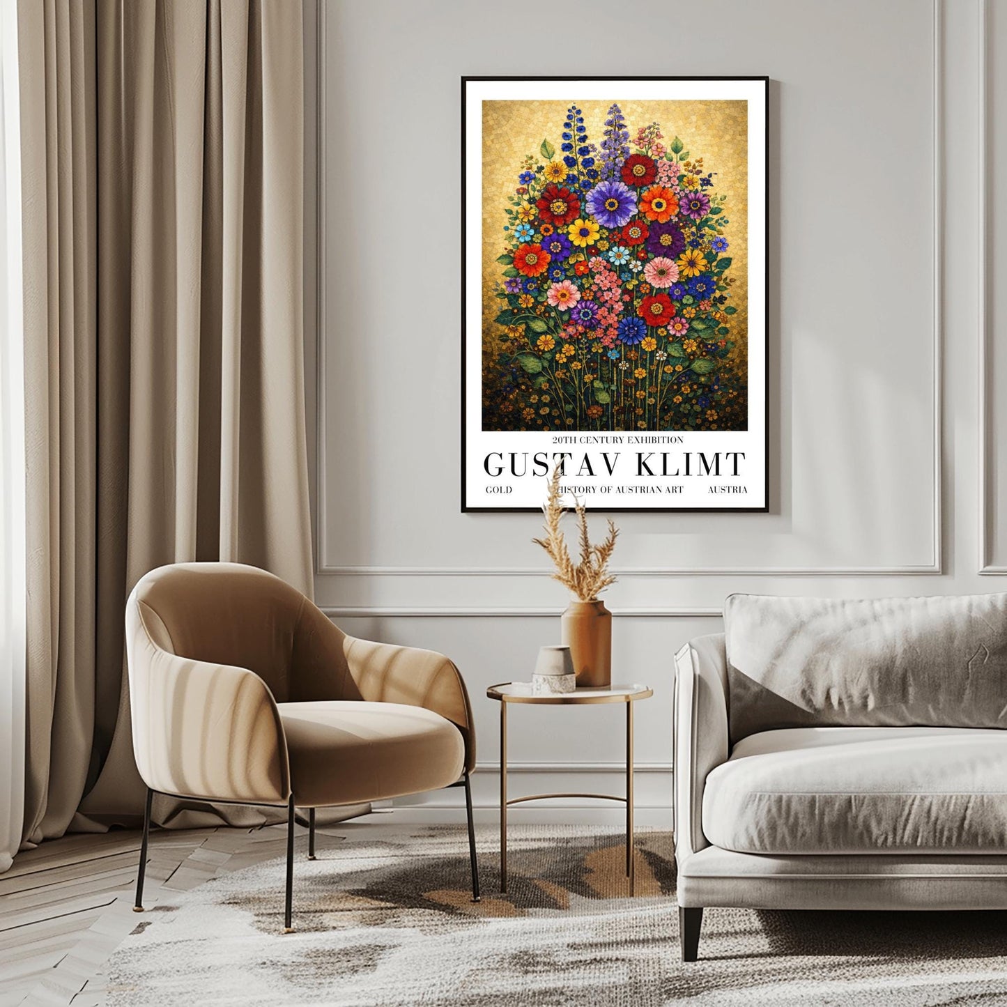 A vertical art print in the style of Gustav Klimt featuring a dense bouquet of colorful wildflowers. The flowers, including red, purple, and orange zinnias and tall blue delphiniums, are rendered as intricate mosaics with geometric patterns. The entire arrangement is set against a shimmering, gold-tiled background that glows with metallic light. The style is highly decorative, maximalist, and vibrant.