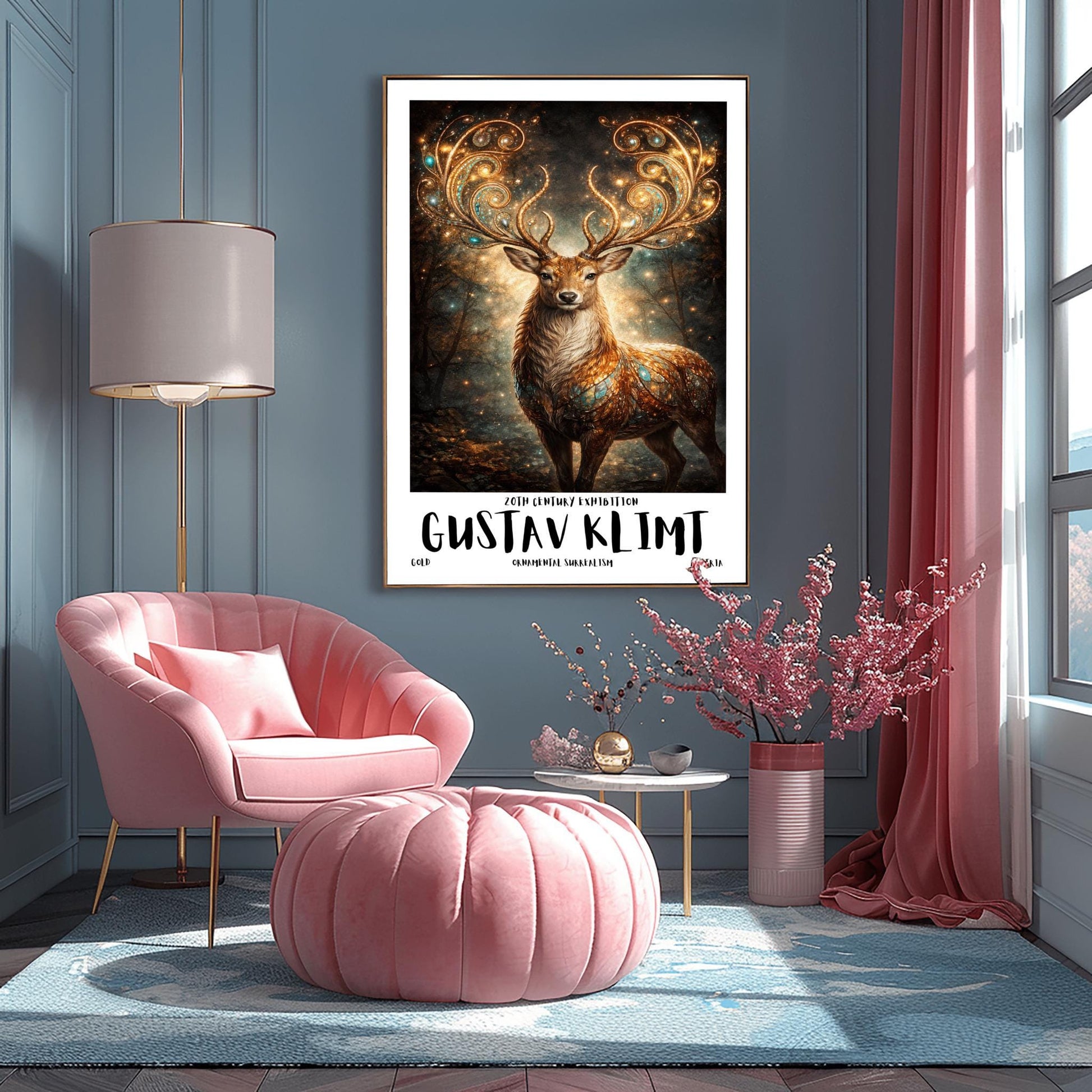 A vertical full-bleed illustration of a stag in the style of Gustav Klimt. The stag has massive, swirling golden antlers decorated with glowing gems. Its body is a mosaic of gold and turquoise. It stands in a misty, dark forest filled with golden sparks and floating embers.