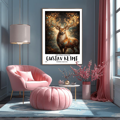 A vertical full-bleed illustration of a stag in the style of Gustav Klimt. The stag has massive, swirling golden antlers decorated with glowing gems. Its body is a mosaic of gold and turquoise. It stands in a misty, dark forest filled with golden sparks and floating embers.