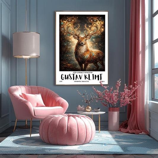 A vertical full-bleed illustration of a stag in the style of Gustav Klimt. The stag has massive, swirling golden antlers decorated with glowing gems. Its body is a mosaic of gold and turquoise. It stands in a misty, dark forest filled with golden sparks and floating embers.