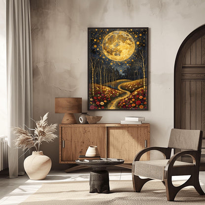 A vertical fine art painting in the style of Gustav Klimt. A massive, textured golden moon fills the upper half of a dark, starlit sky. Below, a winding golden path leads through a lush field of colorful wildflowers including pink, red, and white blooms. Slender birch trees with gold accents frame the meadow. The style is highly decorative with mosaic patterns and shimmering light effects.