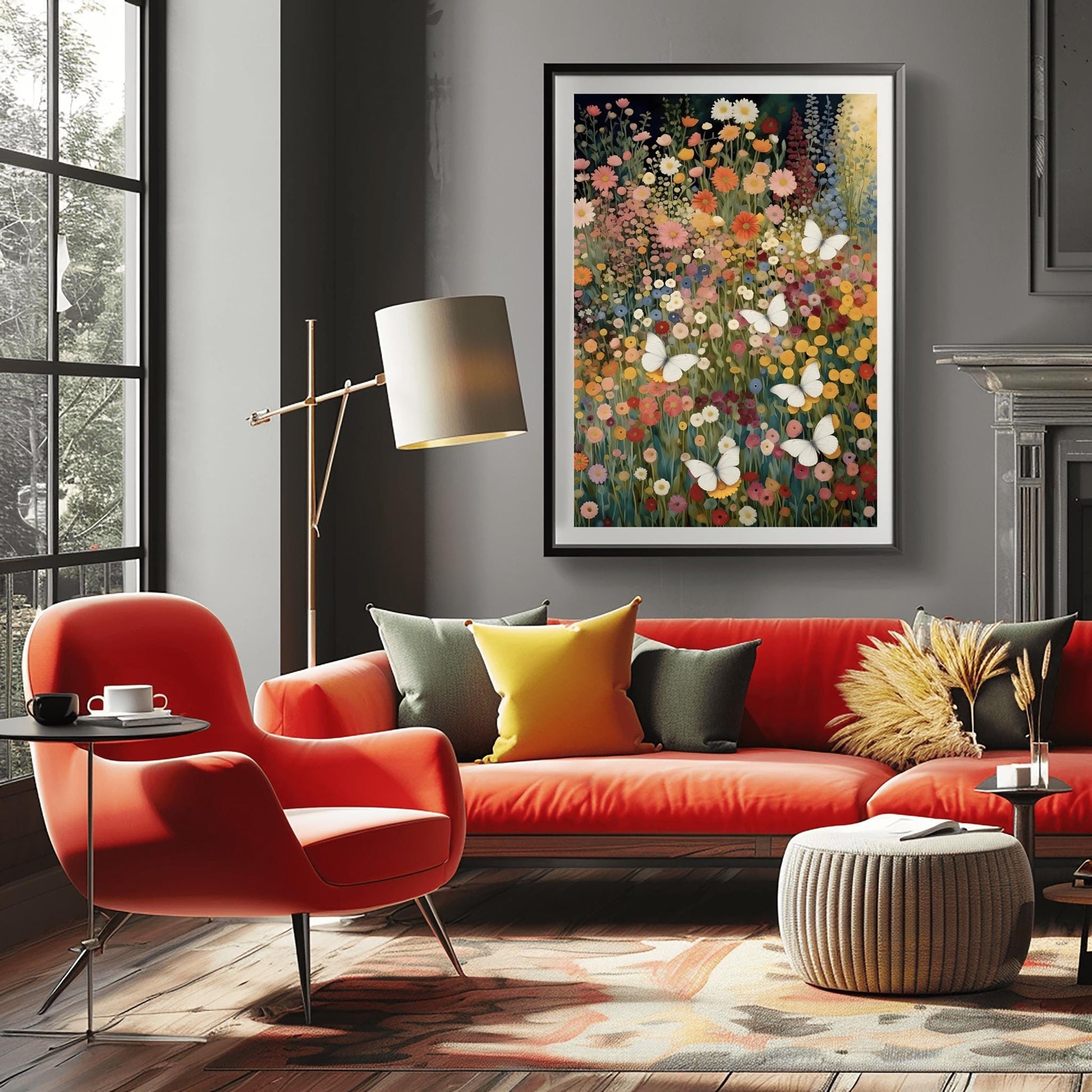 A vertical fine art painting in the style of Gustav Klimt. A dense field of colorful wildflowers in shades of orange, pink, yellow, and red fills the frame. Several large, delicate white butterflies are scattered throughout the meadow, appearing to fly toward a soft golden light in the upper right corner. The style is highly textured with decorative mosaic patterns.