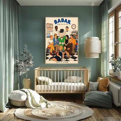 A retro 1950s-style illustration poster titled "BABAR mange dans un diner" in bold blue text at the top. The print features a close-up group portrait of characters inside a diner with a black-and-white checkered floor. In the center, the cartoon elephant King Babar wears his green suit and black top hat. He is surrounded by two smiling waiters in white shirts and bow ties, five patrons sitting closely on stools, and a blonde woman in a black dress and polka-dot scarf posing on the floor in front