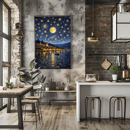 A vertical digital illustration of a coastal town at night in an impressionist style. A large full moon and many swirling yellow stars fill a deep blue sky. The golden lights of the hillside buildings reflect in the water below. A small rowboat with two people is in the foreground.
