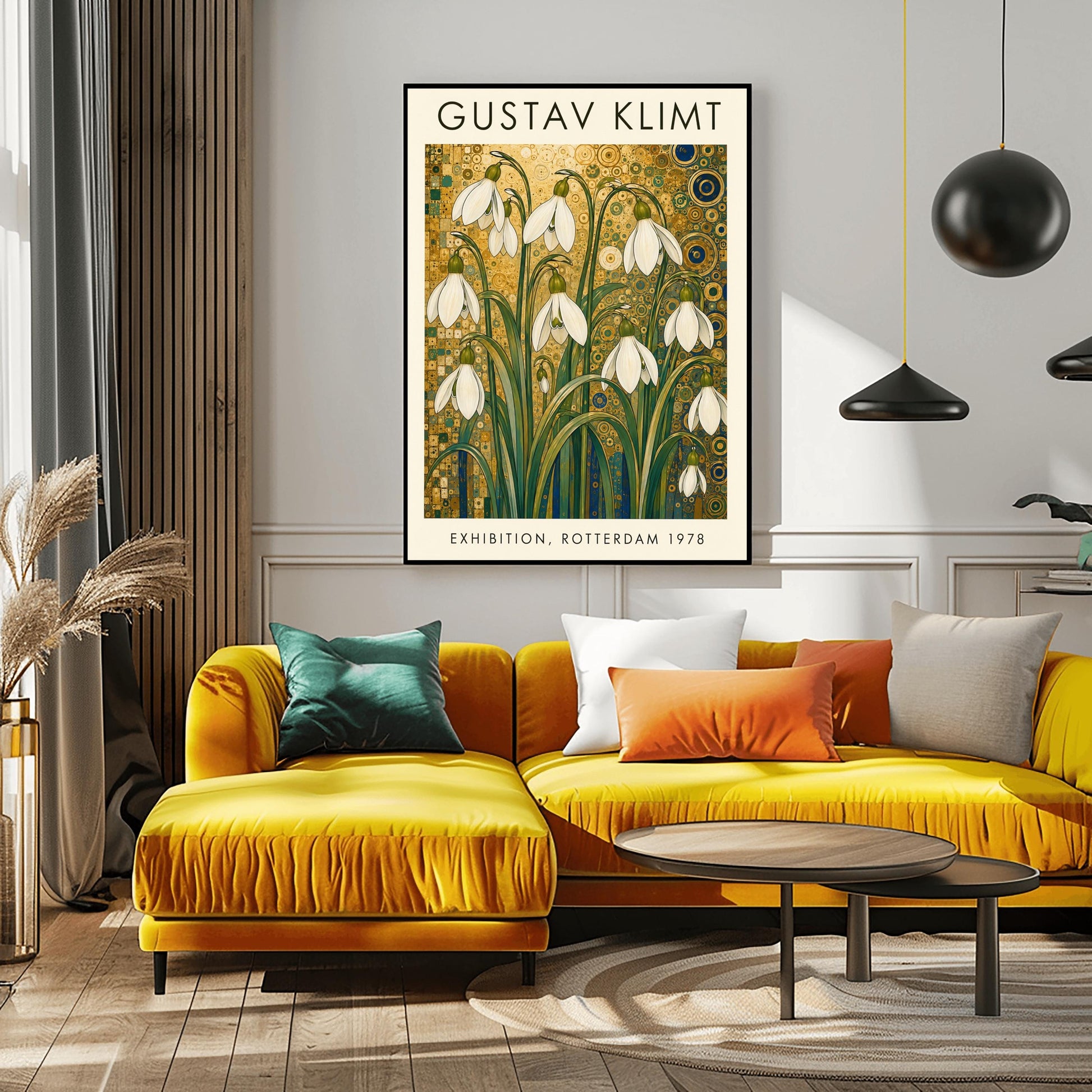 A vertical retro exhibition poster for Gustav Klimt featuring a wide cream-colored border. The central image shows an intricate Art Nouveau illustration of a cluster of delicate white snowdrop flowers with long green leaves reaching upward. The background is an opulent, decorative tapestry of metallic gold patterns, featuring detailed concentric circles, swirling spirals, and tiny mosaic tiles accented with hints of blue and teal.