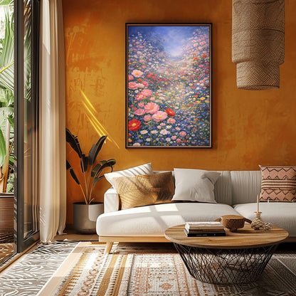 A vertical fine art landscape in the style of Gustav Klimt. A vast valley is filled with a dense sea of pink, red, blue, and white wildflowers. Large pink poppies are in the foreground, and the field stretches back to a hazy, sun-drenched horizon under a soft blue sky.