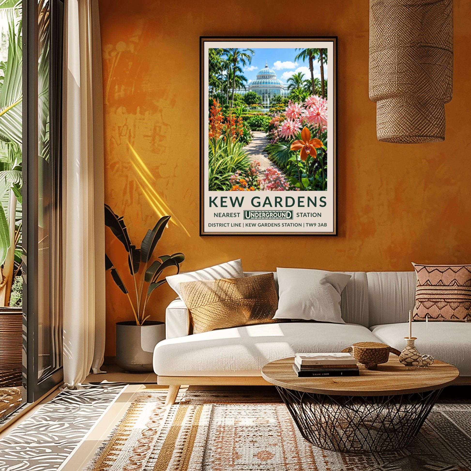 A vertical retro London Underground travel poster for Kew Gardens on a wide cream border. The top image shows a sun-drenched exterior view of the historic white iron-and-glass Palm House dome under a bright blue sky with light clouds. A stone path in the center is flanked by a lush tropical garden featuring towering palm trees, a large prominent orange orchid blossom on the right alongside spiky pink flowers, and tall orange torch lilies on the left.