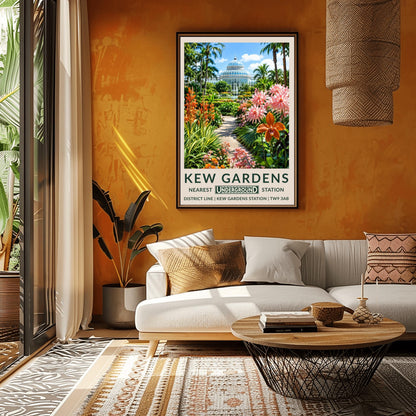 A vertical retro London Underground travel poster for Kew Gardens on a wide cream border. The top image shows a sun-drenched exterior view of the historic white iron-and-glass Palm House dome under a bright blue sky with light clouds. A stone path in the center is flanked by a lush tropical garden featuring towering palm trees, a large prominent orange orchid blossom on the right alongside spiky pink flowers, and tall orange torch lilies on the left.