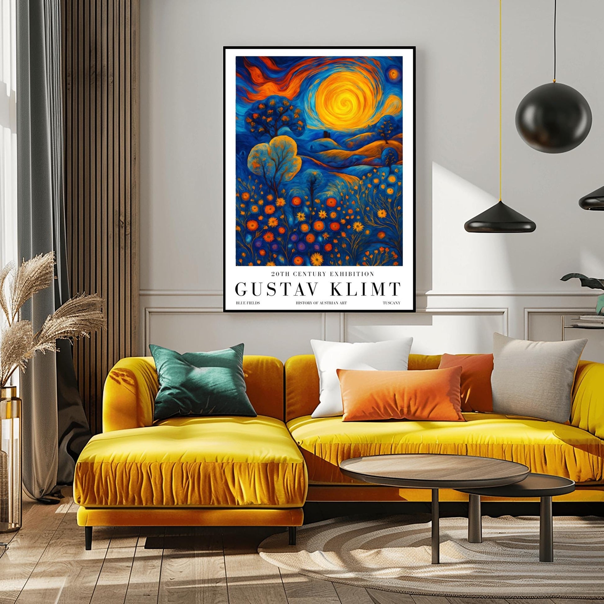 A vertical museum exhibition poster in the style of Gustav Klimt. A large, swirling golden sun sits in a sky of orange and blue clouds over rolling blue hills. The foreground is a meadow of orange circular flowers. Below the image, bold black text reads "GUSTAV KLIMT" and "BLUE FIELDS" on a white border.