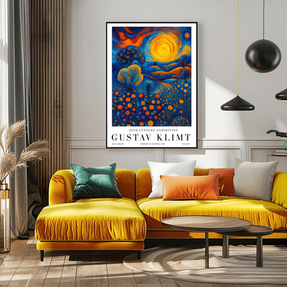 A vertical museum exhibition poster in the style of Gustav Klimt. A large, swirling golden sun sits in a sky of orange and blue clouds over rolling blue hills. The foreground is a meadow of orange circular flowers. Below the image, bold black text reads "GUSTAV KLIMT" and "BLUE FIELDS" on a white border.