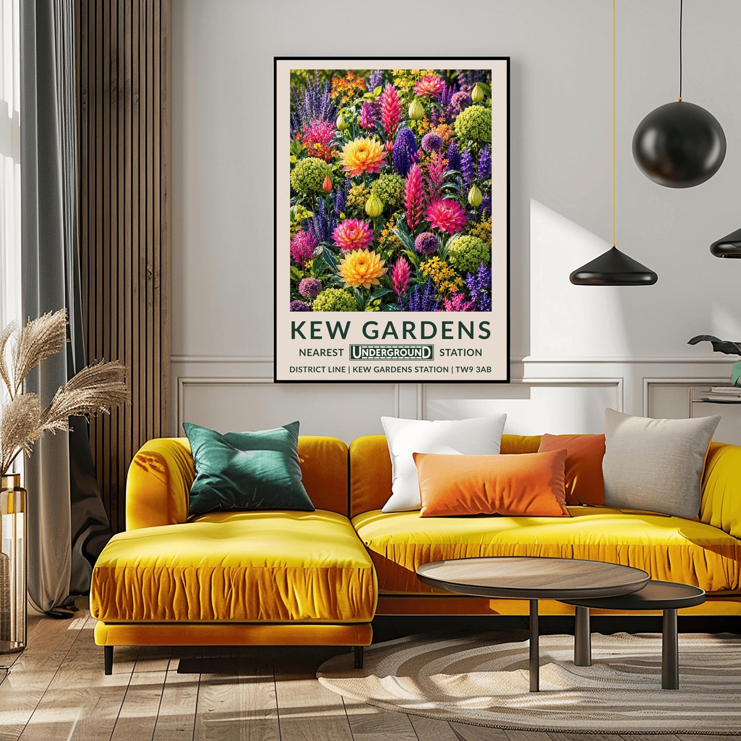 A vertical retro London Underground travel poster for Kew Gardens on a wide cream border. The top image shows a densely packed botanical illustration of a vibrant summer flower border featuring large orange-yellow and magenta dahlias, tall pink flower spikes, purple alliums, violet lupines, and chartreuse green clusters. The bottom cream border features the text "KEW GARDENS" in dark green, followed by "NEAREST UNDERGROUND STATION"