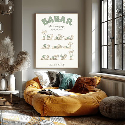A vertical art print in muted sage green and cream tones titled "BABAR fait son yoga" with the subtitle "respire, joue, grandis." The poster shows eleven small, minimalist illustrations of a grey elephant in various yoga poses, wearing a white shirt and sage green shorts. The background is a soft off-white with a subtle paper texture, and the artist's name "Laurent de Brunhoff" is at the bottom.