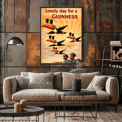 A vertical vintage-style advertising poster for Guinness. Four toucans fly through a sepia-toned sky with sunbeams, each balancing two pints of beer on its beak. Two surprised pilots in blue uniforms look up from the bottom right. Red text at the top reads "Lovely day for a GUINNESS."