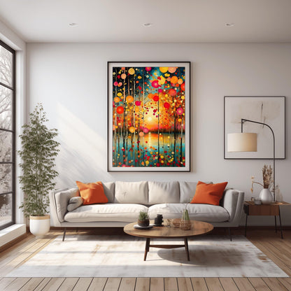 A vertical oil painting in the style of Gustav Klimt. Slender birch trees stand in the foreground of a calm turquoise lake. A soft, glowing sun is centered on the horizon, reflecting in the water. The trees are decorated with floating, circular mosaic leaves in vibrant shades of red, orange, and yellow. The style is highly textured with decorative patterns throughout the sky and water.
