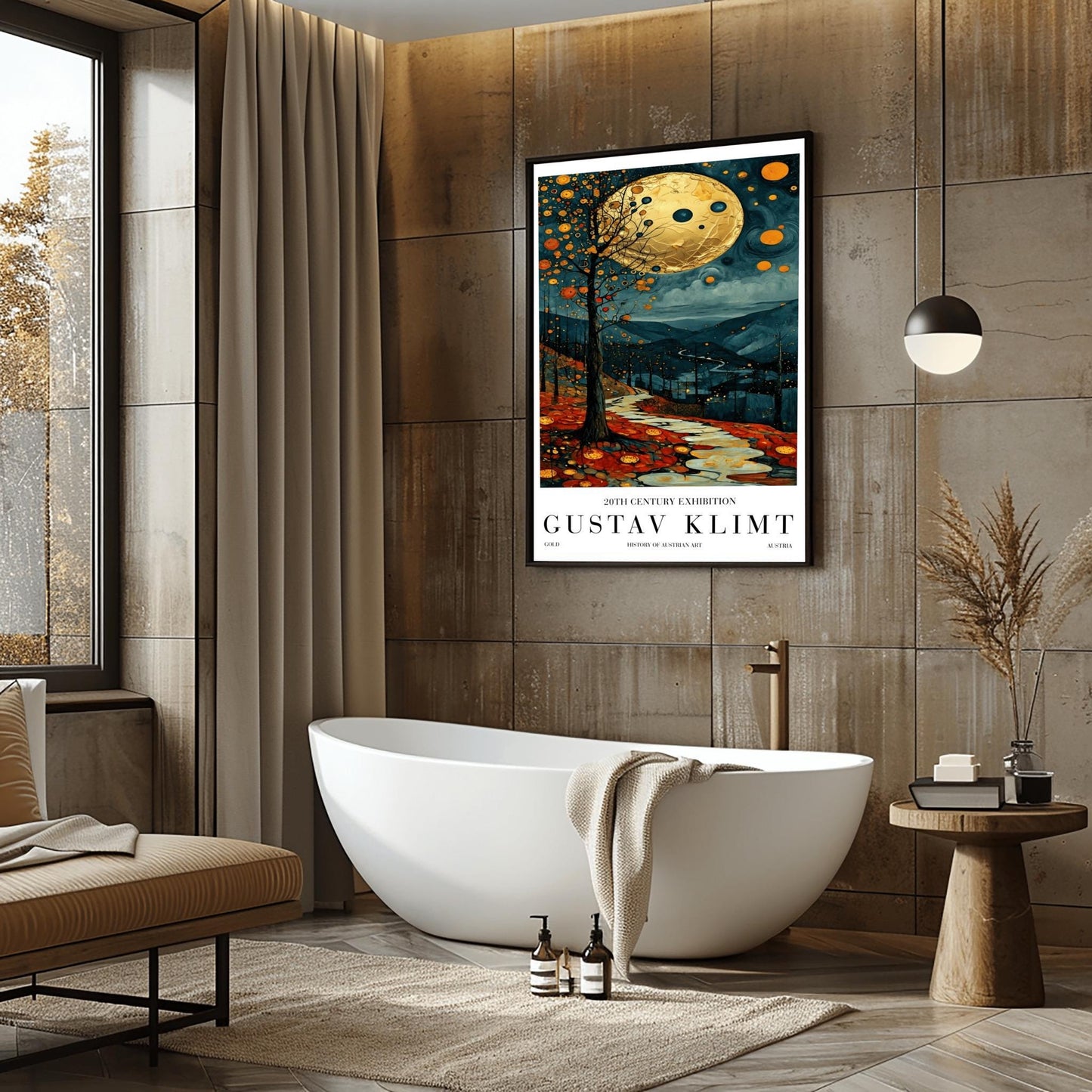 A vertical fine art painting in the style of Gustav Klimt. A massive, textured golden moon hangs in a dark, starlit sky above rolling teal mountains. A white, winding stone path leads through a foreground of orange and red autumn leaves. On the left, a slender tree is decorated with golden mosaic orbs. The overall style is rich in texture and golden ornamentation.