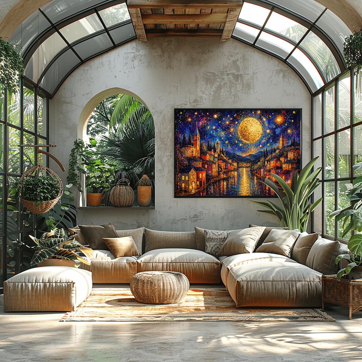 A horizontal art print in a decorative mosaic style inspired by Gustav Klimt. A coastal town with warm-lit houses and tall church towers lines both sides of a dark blue canal. A massive, glowing golden moon hangs in a deep indigo sky filled with swirling stars and shimmering golden circles. The lights of the town and the moon reflect brilliantly on the rippling water. The entire scene is composed of intricate, sparkling patterns and vibrant jewel-toned colors.