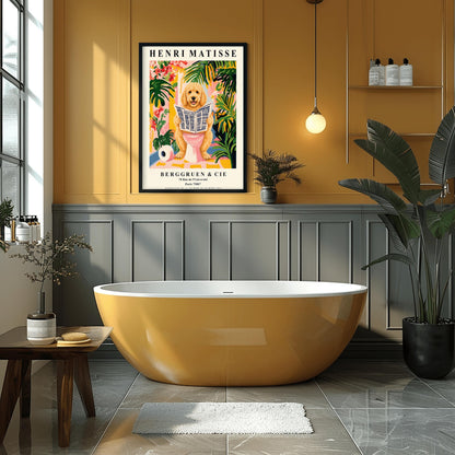 A vertical fine art exhibition poster in the style of Henri Matisse featuring a wide cream border. Bold black text reads "HENRI MATISSE" at the top and "BERGGRUEN & CIE" at the bottom. The central painting humorously shows a fluffy golden doodle dog sitting on a pink toilet while reading a newspaper, surrounded by vibrant green palm leaves, tropical flowers, and a toilet paper roll on the floor.