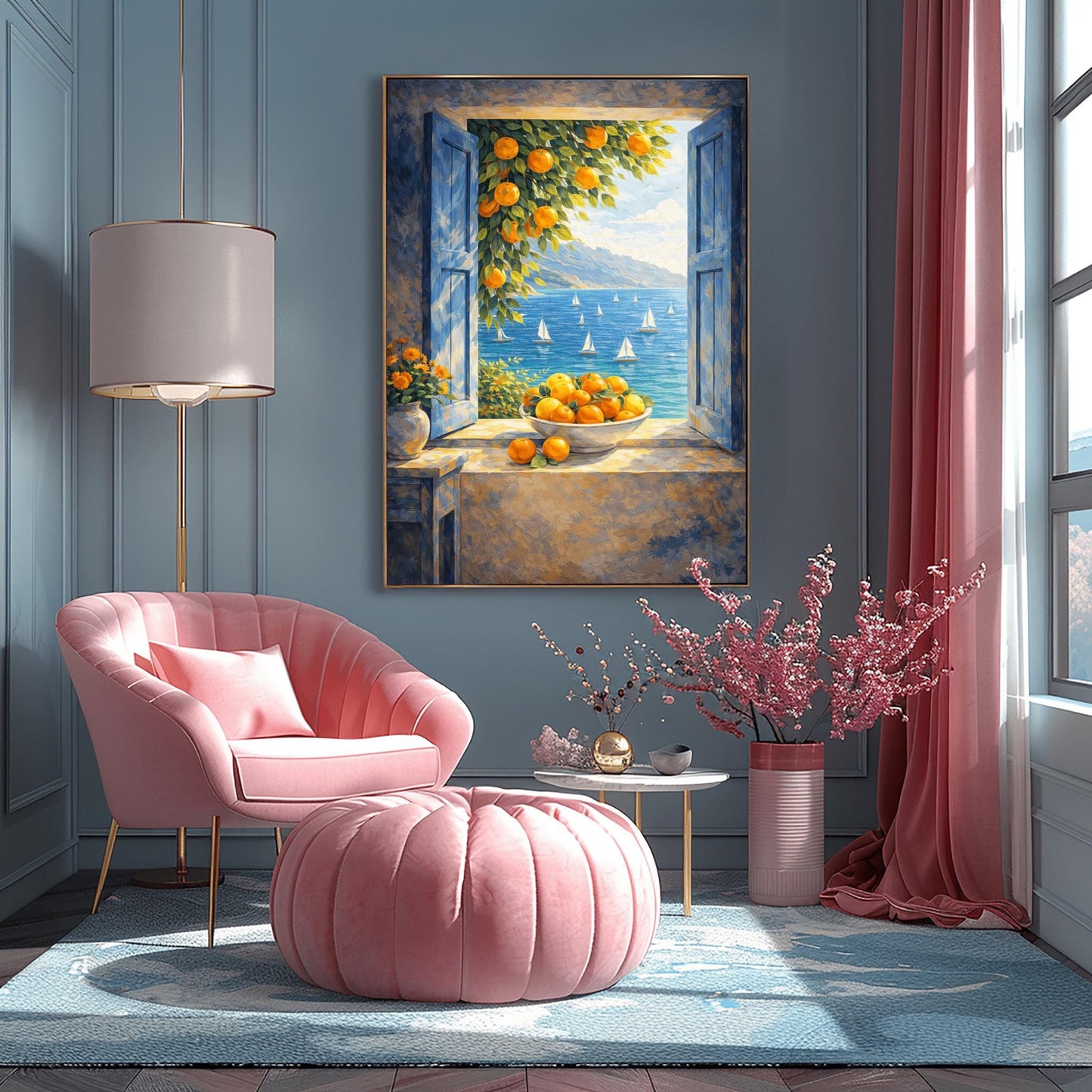 A vertical painterly illustration of an open window with blue shutters looking out at a sea with many sailboats. On the windowsill sits a large bowl overflowing with oranges. A branch with oranges hangs from the top, and a vase of yellow flowers is on a table to the left.