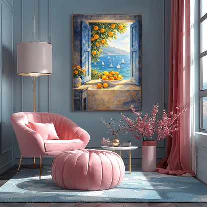 A vertical painterly illustration of an open window with blue shutters looking out at a sea with many sailboats. On the windowsill sits a large bowl overflowing with oranges. A branch with oranges hangs from the top, and a vase of yellow flowers is on a table to the left.
