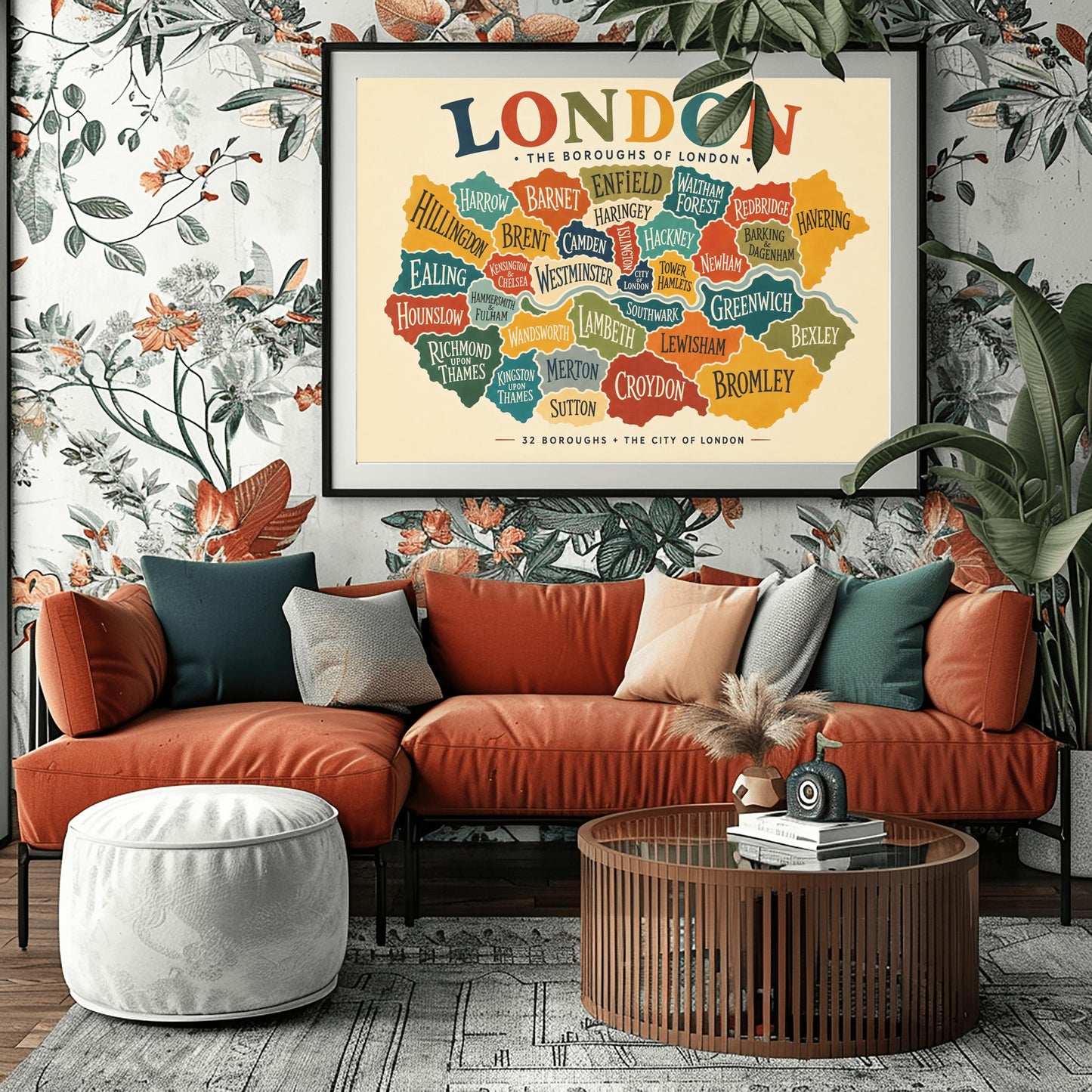 A horizontal vintage-style fine art exhibition poster mapping the boroughs of London. Set on a warm cream background with a wide border, the poster features a colorful, interlocking map of London's districts in shades of teal, orange, green, and yellow, with the River Thames running through the middle. A large, multicolored heading at the top reads "LONDON" and text at the bottom reads "32 BOROUGHS + THE CITY OF LONDON".