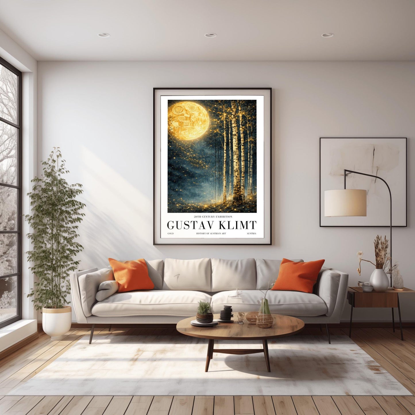 A vertical Art Nouveau illustration in the style of Gustav Klimt. A large, patterned golden moon sits in the upper left corner of a dark, misty teal forest. Slender birch trees stand on the right, while a swirl of golden stardust flows across the center.