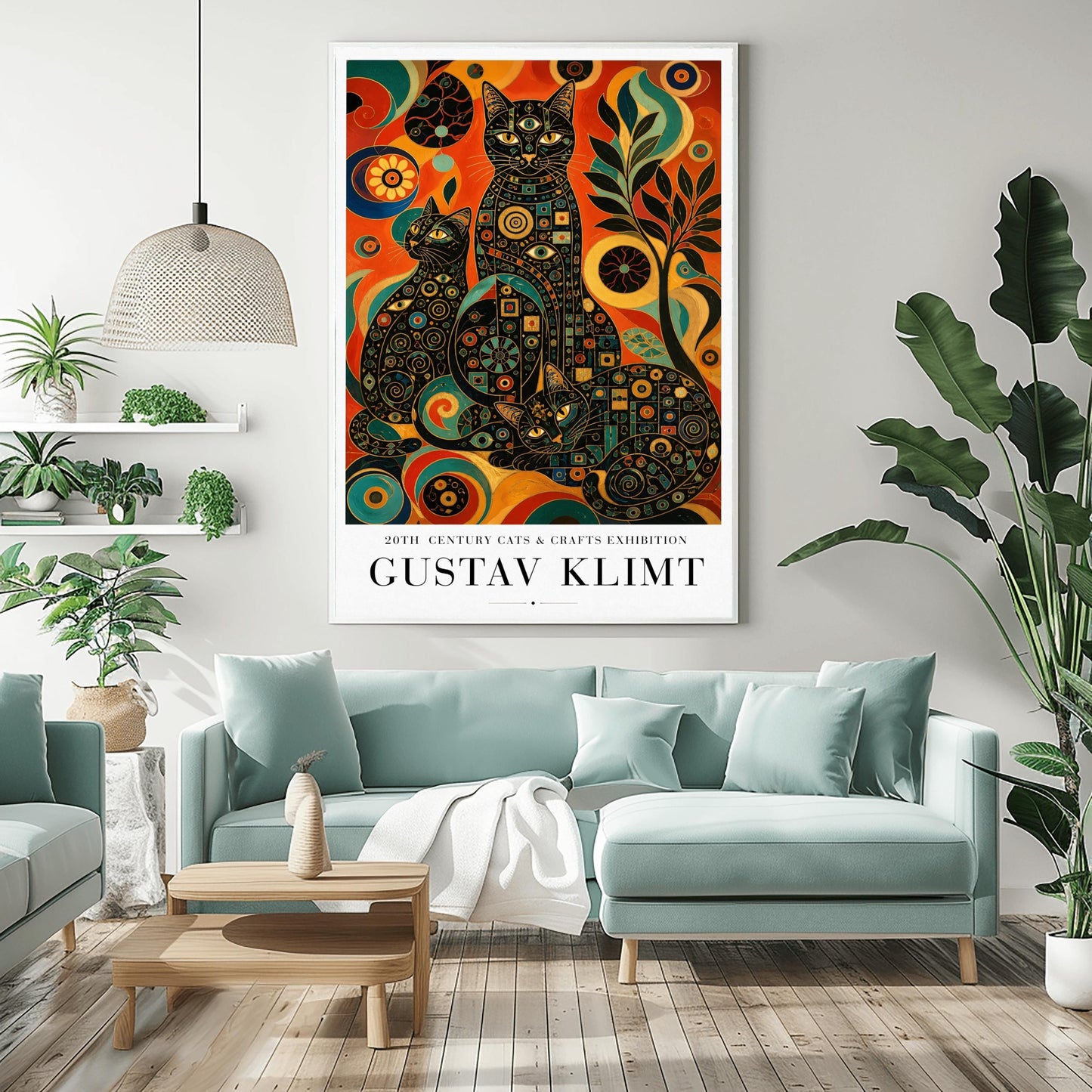 A vertical art print in the style of Gustav Klimt. Three black cats are positioned together, their bodies covered in intricate colorful mosaics of circles, squares, and eye symbols in gold, teal, and red. The background is a vibrant abstract of swirling orange, red, and yellow patterns with a stylized black tree to the right. The bottom of the poster features clean black text that reads "20th Century Cats & Crafts Exhibition" and "Gustav Klimt."