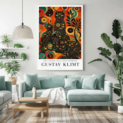A vertical art print in the style of Gustav Klimt. Three black cats are positioned together, their bodies covered in intricate colorful mosaics of circles, squares, and eye symbols in gold, teal, and red. The background is a vibrant abstract of swirling orange, red, and yellow patterns with a stylized black tree to the right. The bottom of the poster features clean black text that reads "20th Century Cats & Crafts Exhibition" and "Gustav Klimt."