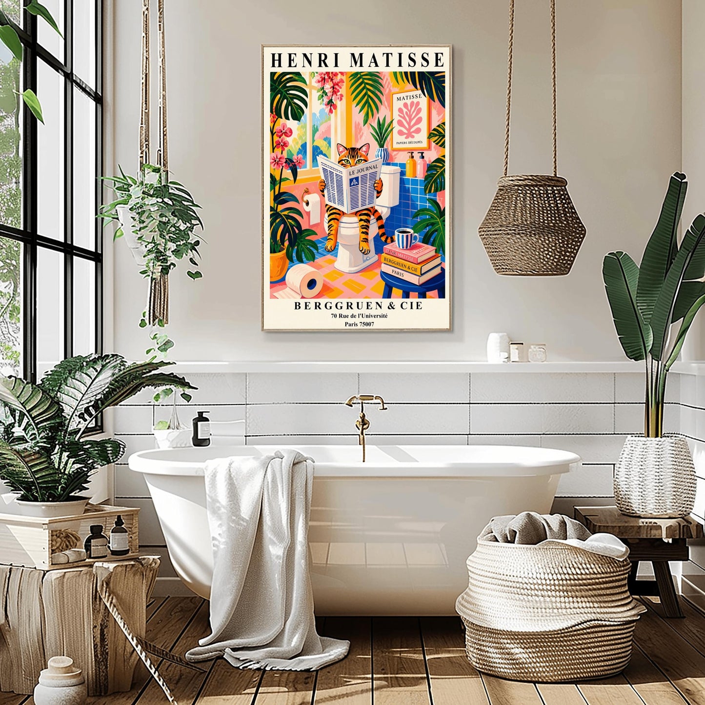 Tabby Cat on Toilet Art Print: Funny Matisse Style Bathroom Wall Art