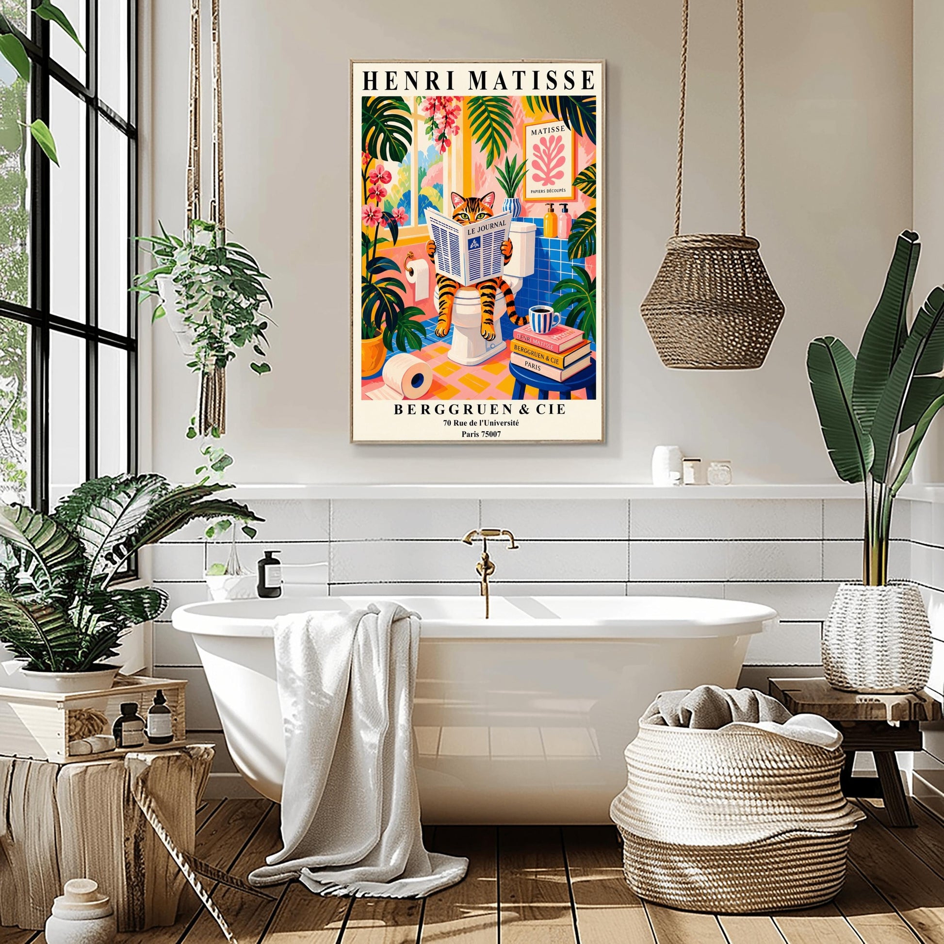 Tabby Cat on Toilet Art Print: Funny Matisse Style Bathroom Wall Art