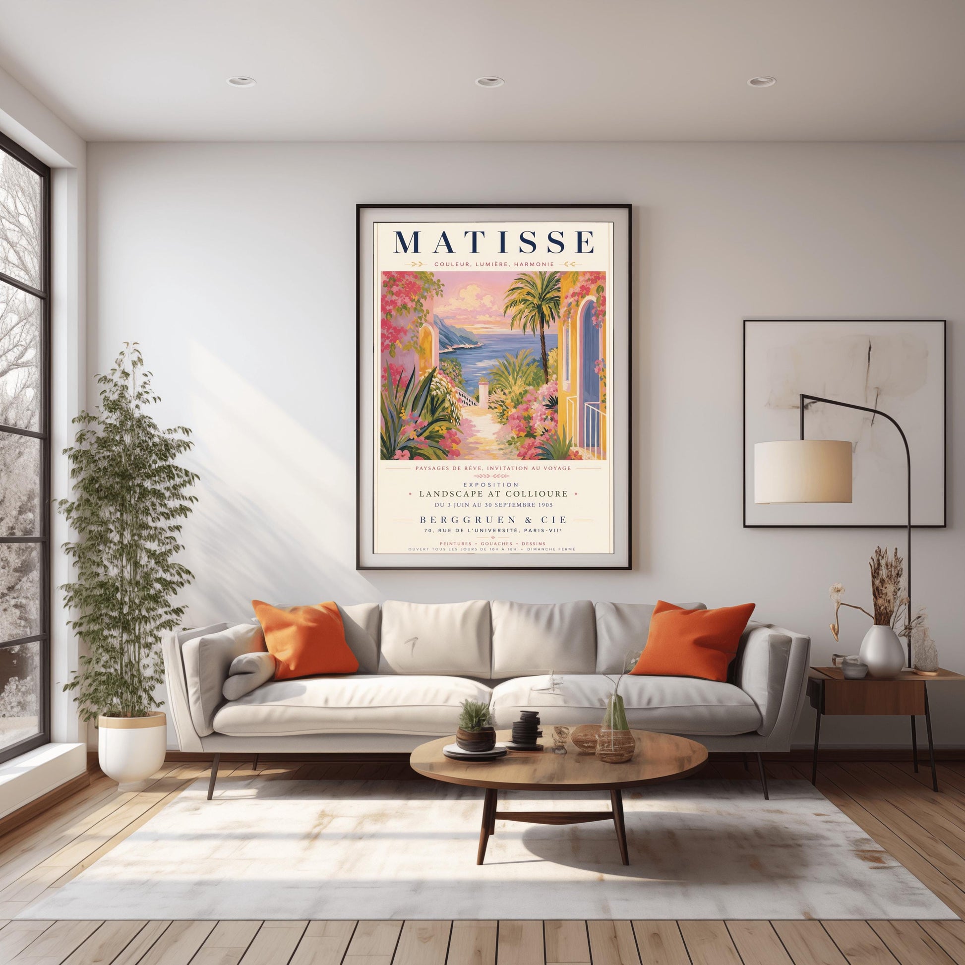 A French exhibition poster titled "MATISSE" at the top, featuring a pastel-toned painting of a Mediterranean coastal scene. A pathway lined with pink flowers, green agave plants, and yellow villas leads toward a blue sea and distant hills under a pink and gold sunset sky. A tall palm tree stands on the right. Elegant typography below the artwork text reads "Exposition Landscape at Collioure, Berggruen & Cie, Paris."
