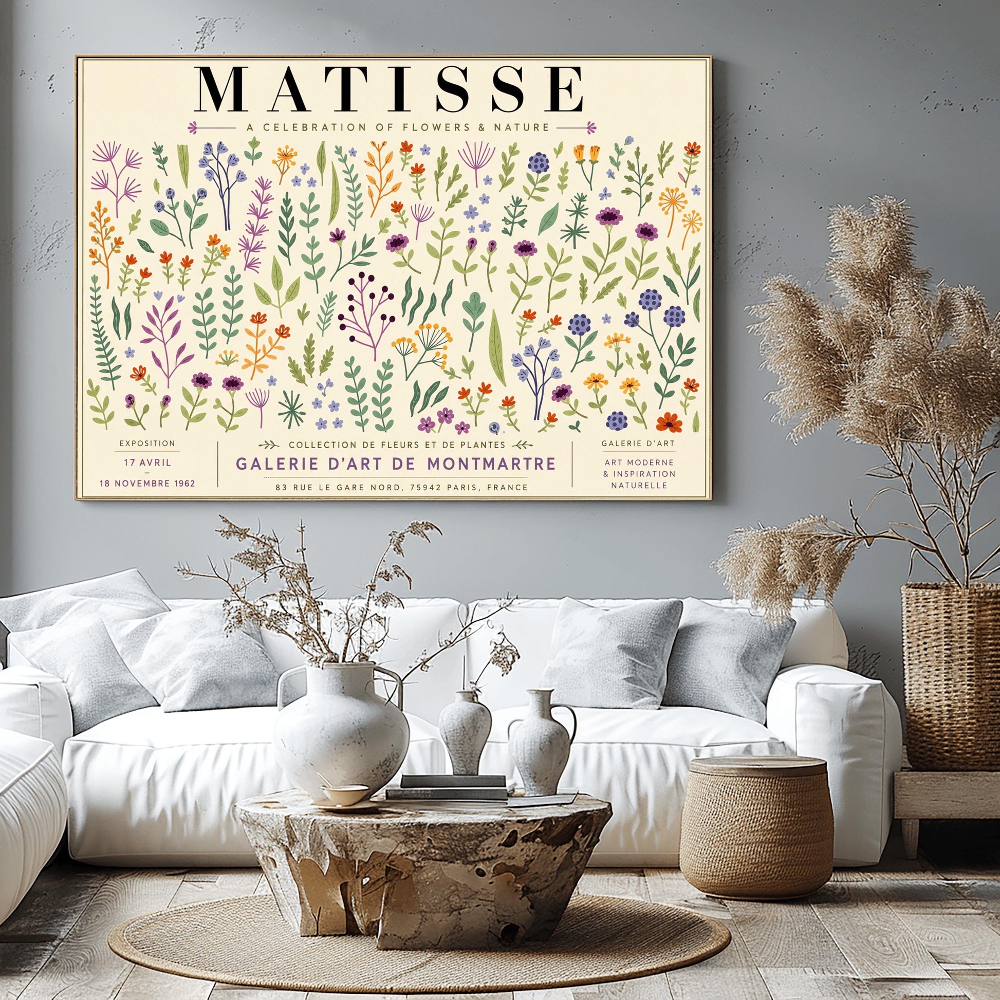 A vertical gallery exhibition poster with a warm cream border. Bold black text at the top reads "HENRI MATISSE". The central artwork is a rectangular block with a solid sand-beige background, featuring a cream silhouette of an abstract, four-petaled flower with a circular center.