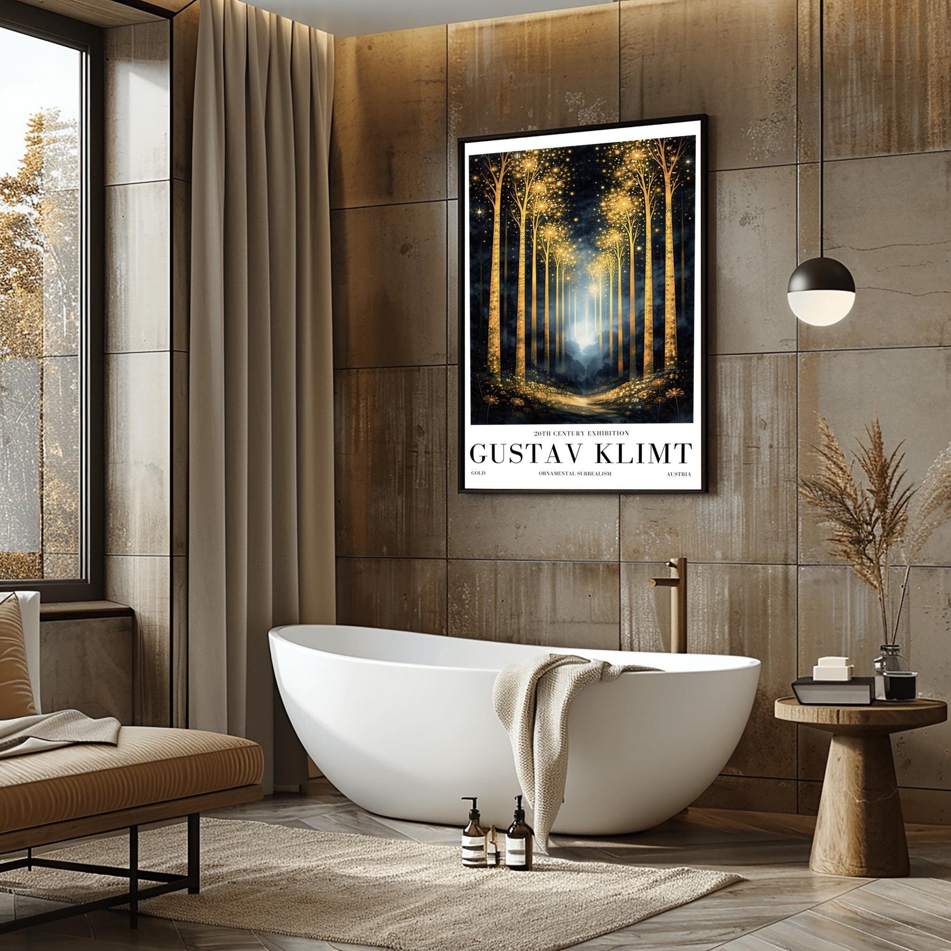 A vertical full-bleed illustration of a birch forest at night in the style of Gustav Klimt. The slender trunks are covered in golden patterns, and the tops of the trees explode into golden sparks and stars. A glowing golden path leads into a misty blue distance.