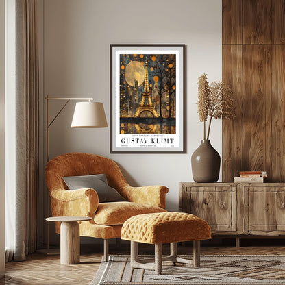 A vertical museum exhibition poster featuring the Eiffel Tower in Paris at night in the style of Gustav Klimt. The tower and city buildings glow in textured gold against a dark blue sky with a large, golden moon. Below the image, bold black text reads "GUSTAV KLIMT" and "20TH CENTURY EXHIBITION" against a white border.