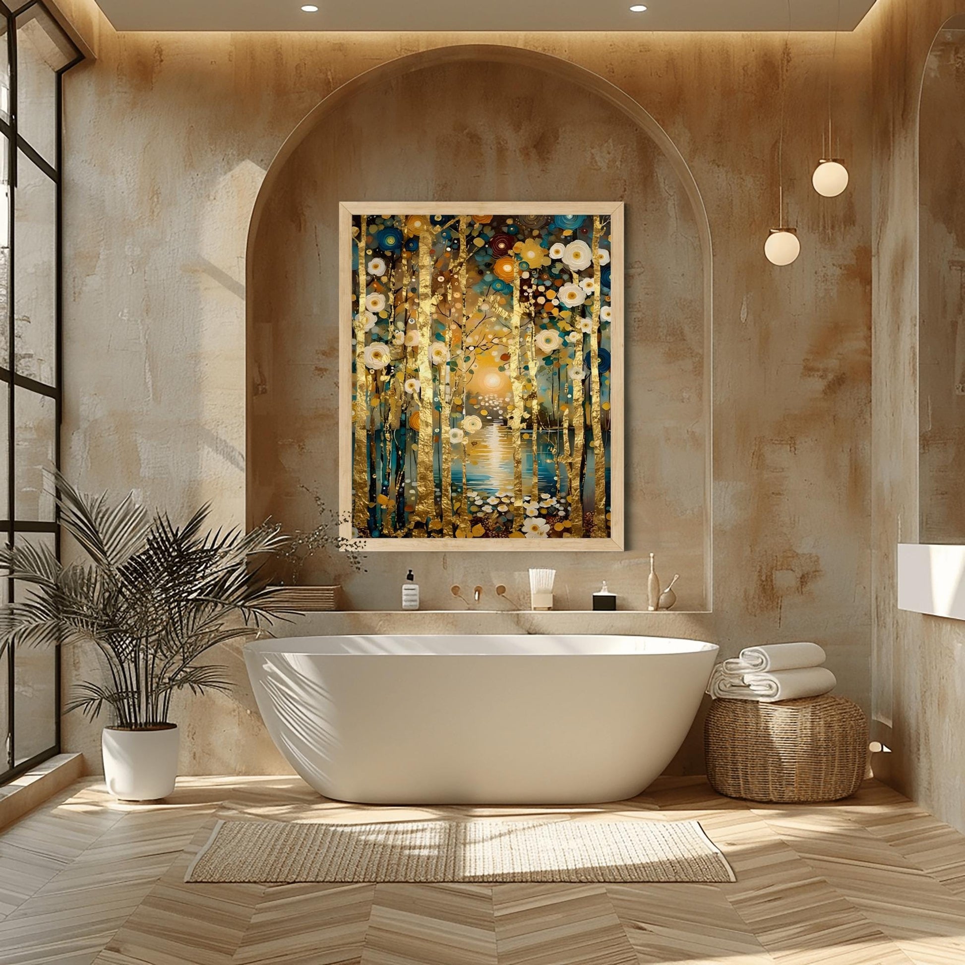 A vertical landscape painting in the style of Gustav Klimt. Slender birch tree trunks with gold-leaf textures stand in a dense forest. The ground is covered in stylized, mosaic-like circular flowers in cream, gold, and teal. In the background, a glowing sun reflects on a dark blue lake. The overall style is rich in texture with heavy impasto brushstrokes and a deep, opulent color palette.
