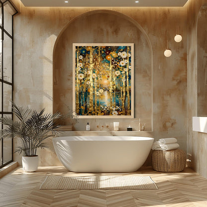A vertical landscape painting in the style of Gustav Klimt. Slender birch tree trunks with gold-leaf textures stand in a dense forest. The ground is covered in stylized, mosaic-like circular flowers in cream, gold, and teal. In the background, a glowing sun reflects on a dark blue lake. The overall style is rich in texture with heavy impasto brushstrokes and a deep, opulent color palette.