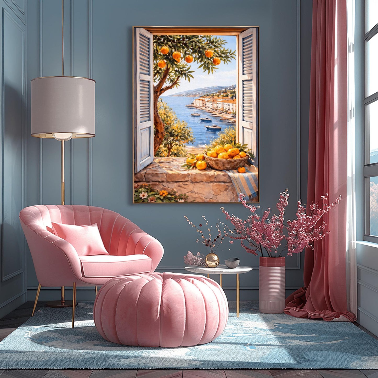 A vertical painterly illustration looking through a stone window with light blue shutters. A woven basket of oranges and a striped blue cloth sit on the ledge. Outside, an orange tree frames a view of a blue sea with boats and a sun-drenched coastal town.