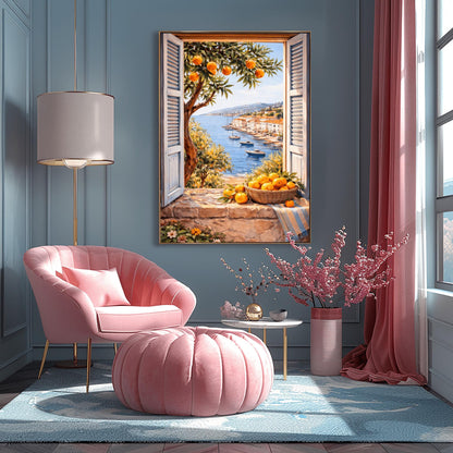 A vertical painterly illustration looking through a stone window with light blue shutters. A woven basket of oranges and a striped blue cloth sit on the ledge. Outside, an orange tree frames a view of a blue sea with boats and a sun-drenched coastal town.