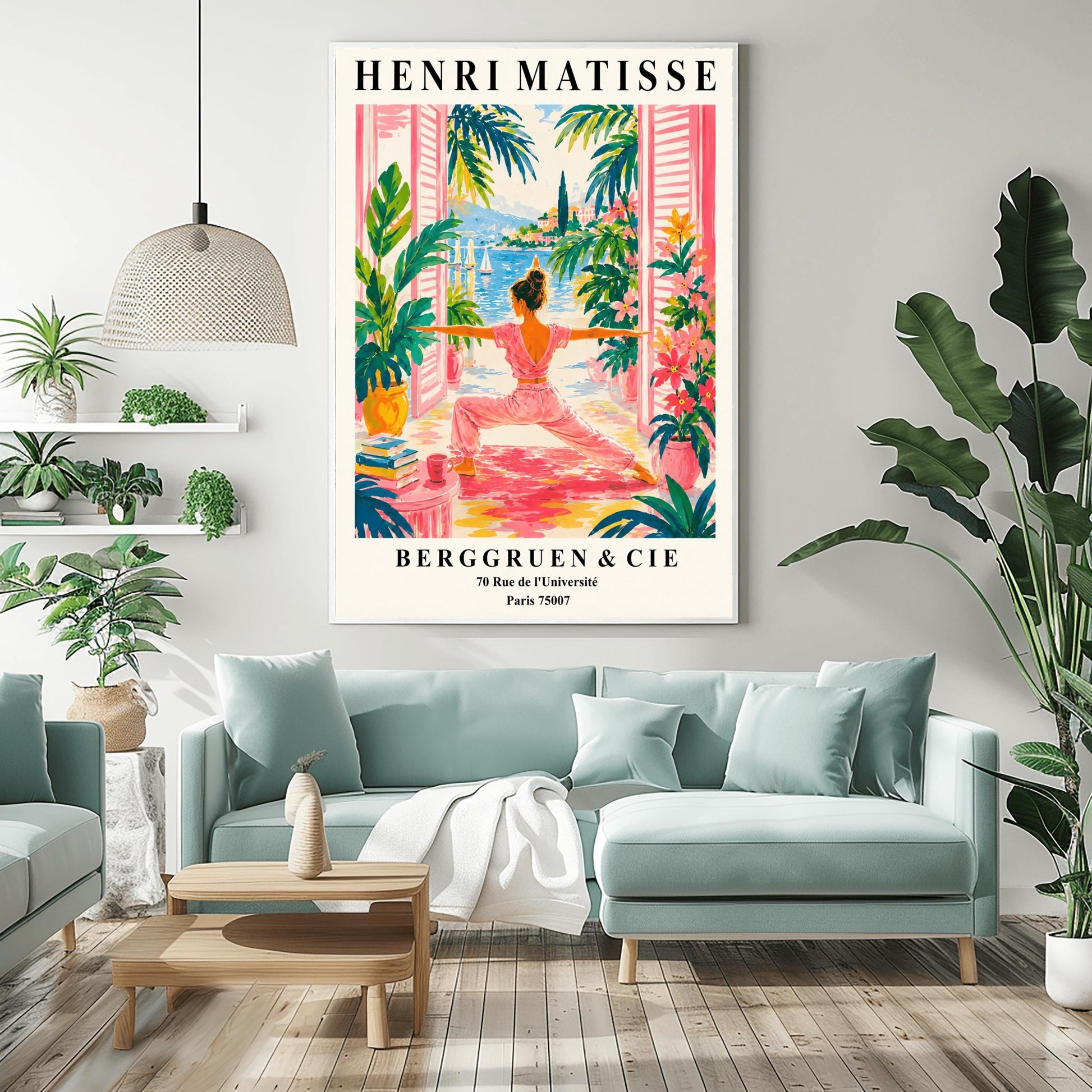 A vertical museum-style exhibition poster with a cream border featuring text for an Henri Matisse exhibition at Berggruen & Cie in Paris,. The colorful central illustration depicts a woman from behind practicing a yoga pose on a pink mat on a terrace. She is framed by open pink shutters and lush green potted plants. Through the open doors is a scenic view of a bright blue sea with sailboats, a coastal hill town, and green palm trees under a sunny sky.