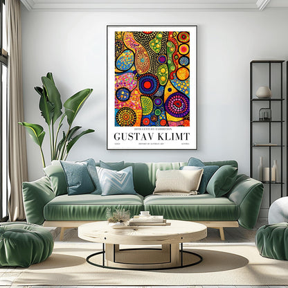 A vertical museum exhibition poster in the style of Gustav Klimt. Tall, dark tree trunks stand in a forest where the sky is made of colorful stained-glass mosaic circles. A bright sun in the center casts sharp, white sunbeams through the trees. Bold black text at the bottom reads "GUSTAV KLIMT" and "HISTORY OF AUSTRIAN ART."