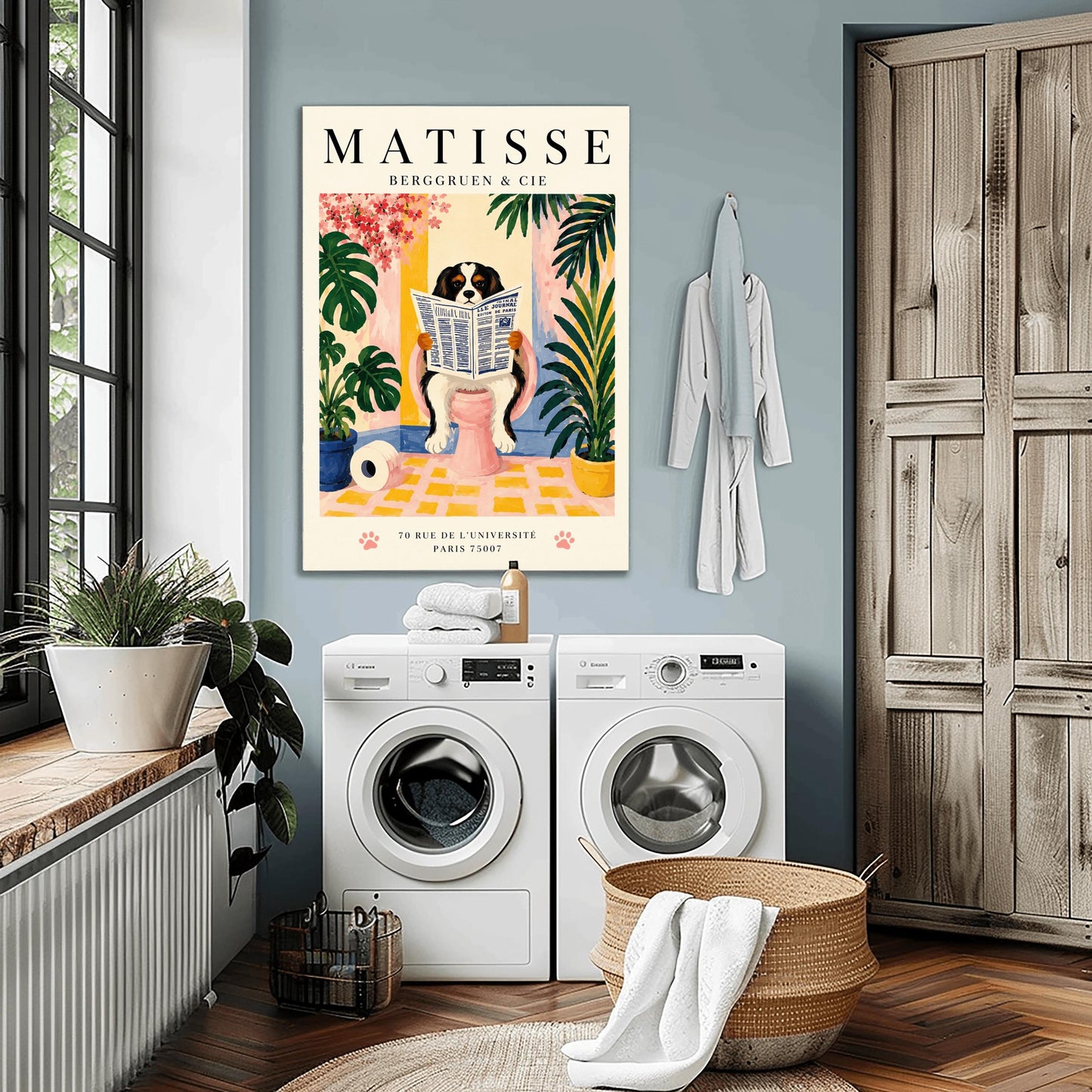 A vertical vintage-style exhibition poster on a cream background titled "MATISSE BERGGRUEN & CIE" in bold black font. The main gouache-style illustration depicts a tricolor black, white, and tan Cavalier King Charles Spaniel sitting on a pink toilet. The dog is holding and reading a blue-and-white French newspaper titled "LE JOURNAL". The bathroom scene includes a roll of toilet paper on a yellow checkered floor, potted monstera and palm plants