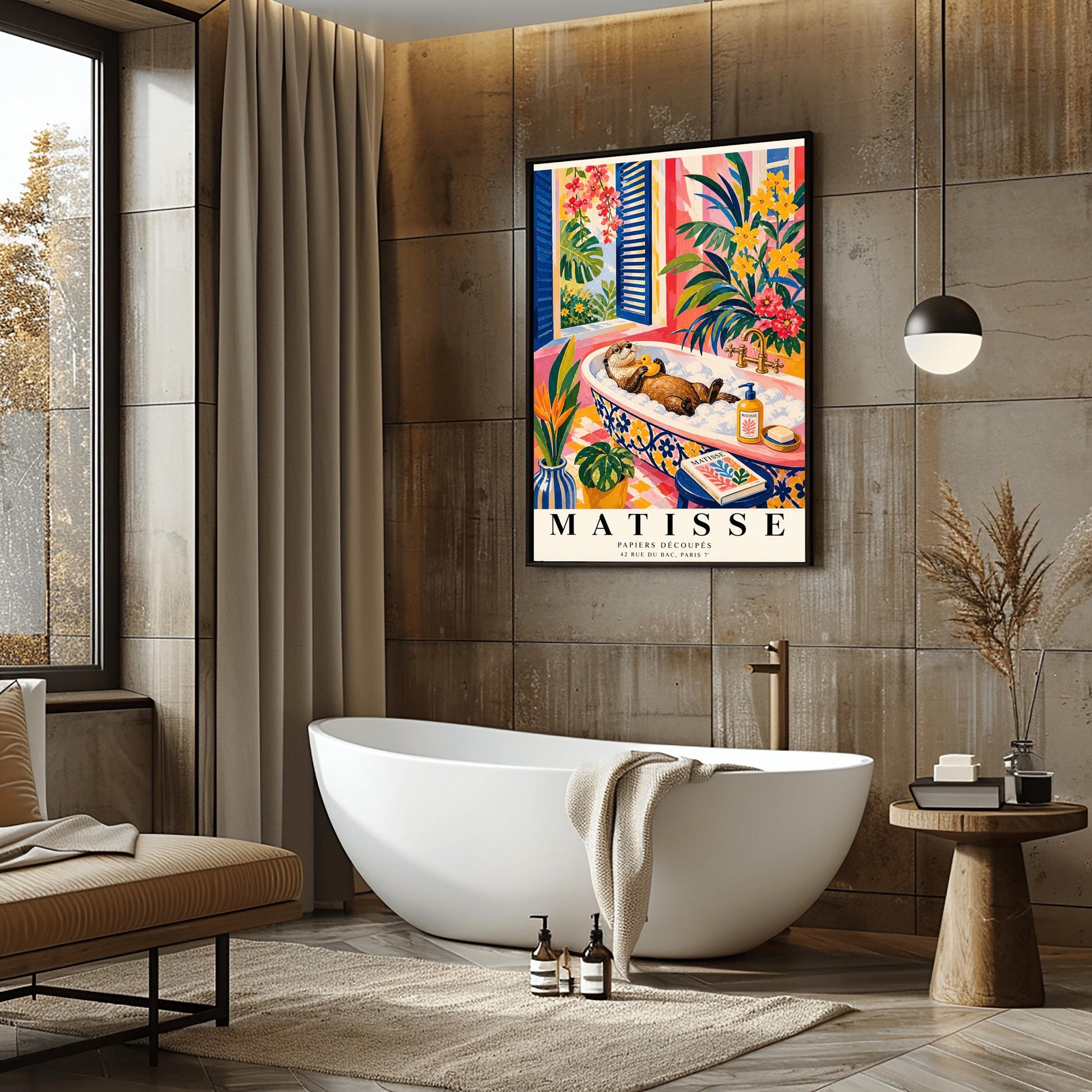 A vertical maximalist art print designed as a Henri Matisse exhibition poster. A brown otter floats on its back in a pink bubble bath, holding a small yellow rubber ducky. The bathtub has a blue and yellow floral pattern. The room is filled with vibrant tropical plants, pink walls, and yellow checkered tiles. A blue-shuttered window looks out onto a sunny garden. In the foreground, an art book and a striped vase are visible. Bold black text at the bottom reads "MATISSE PAPIERS DÉCOUPÉS"