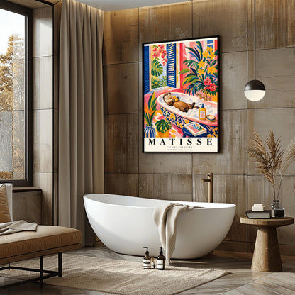 A vertical maximalist art print designed as a Henri Matisse exhibition poster. A brown otter floats on its back in a pink bubble bath, holding a small yellow rubber ducky. The bathtub has a blue and yellow floral pattern. The room is filled with vibrant tropical plants, pink walls, and yellow checkered tiles. A blue-shuttered window looks out onto a sunny garden. In the foreground, an art book and a striped vase are visible. Bold black text at the bottom reads "MATISSE PAPIERS DÉCOUPÉS"