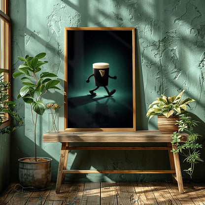 A vertical cinematic illustration of a 3D Guinness pint character with cartoon arms and legs. It is walking across a dark, reflective floor under a moody emerald-green spotlight. The pint features a crisp white foam head and a golden harp logo.