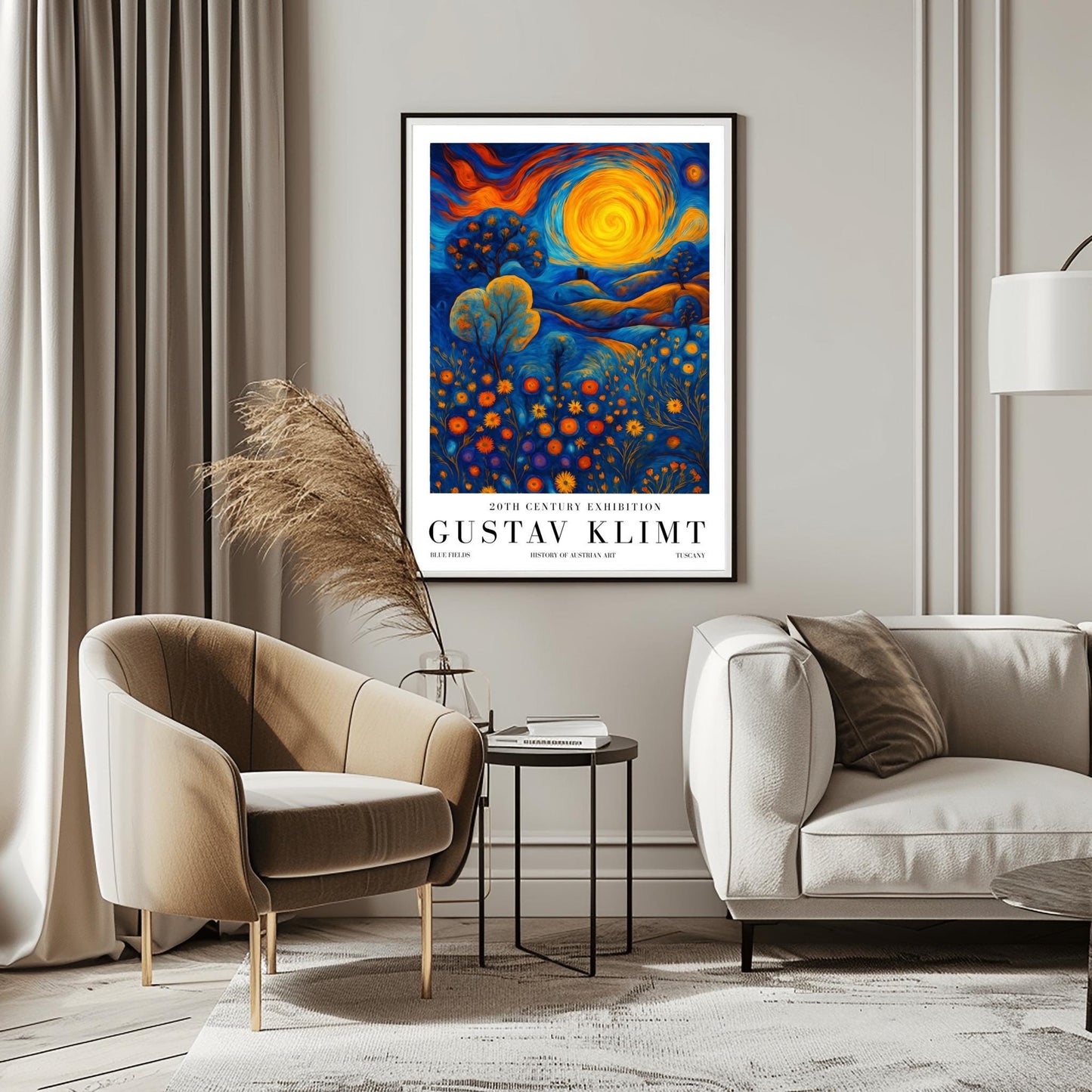 A vertical museum exhibition poster in the style of Gustav Klimt. A large, swirling golden sun sits in a sky of orange and blue clouds over rolling blue hills. The foreground is a meadow of orange circular flowers. Below the image, bold black text reads "GUSTAV KLIMT" and "BLUE FIELDS" on a white border.