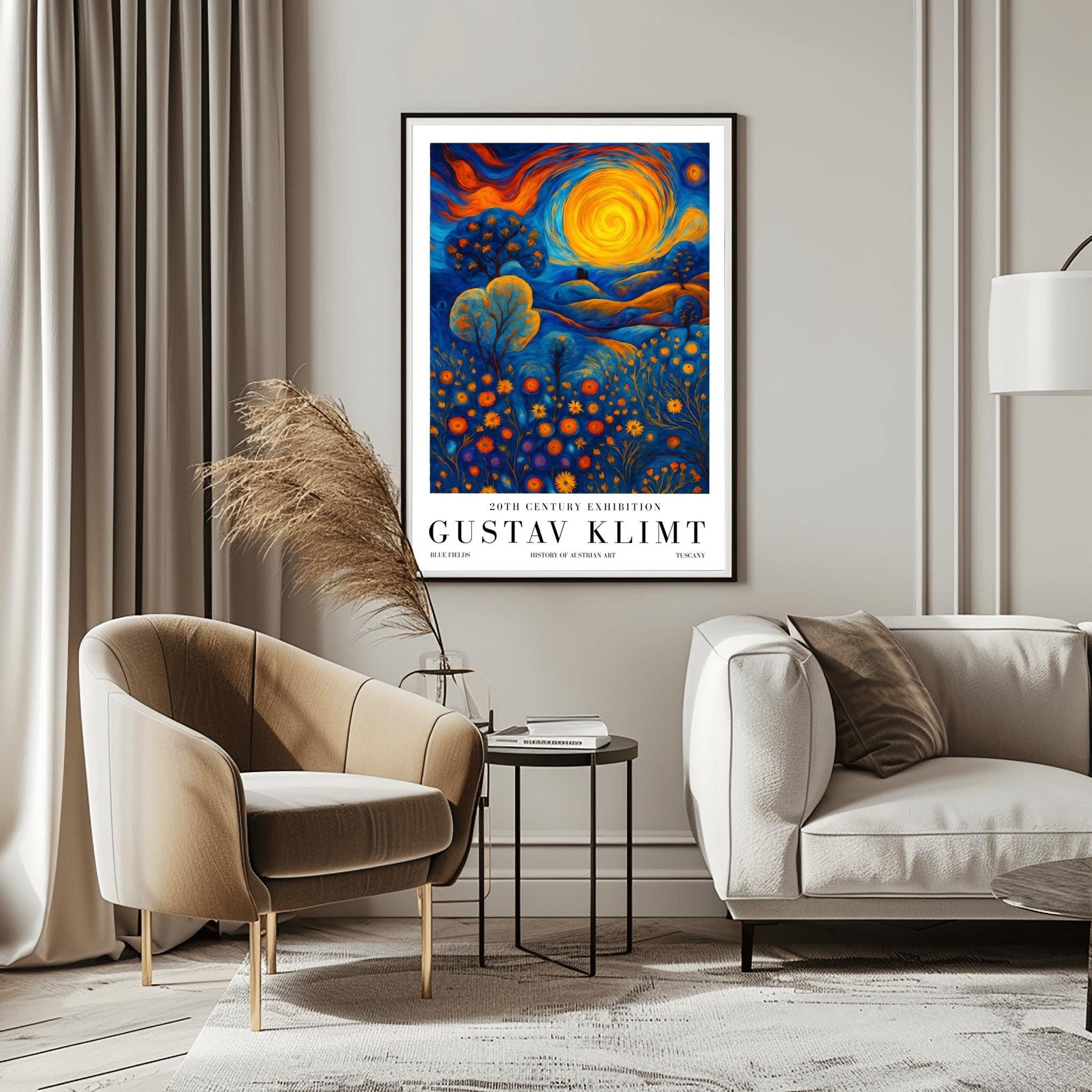 A vertical museum exhibition poster in the style of Gustav Klimt. A large, swirling golden sun sits in a sky of orange and blue clouds over rolling blue hills. The foreground is a meadow of orange circular flowers. Below the image, bold black text reads "GUSTAV KLIMT" and "BLUE FIELDS" on a white border.