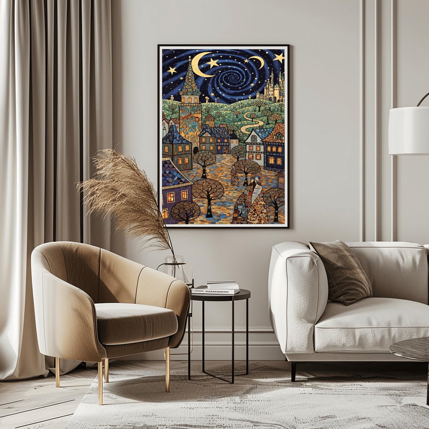 A vertical fine art print in the style of Gustav Klimt. A whimsical European village with mosaic-patterned houses and a tall tower sits under a swirling dark blue night sky. The sky features a large golden vortex, crescent moons, and stars. The ground is a colorful mosaic cobblestone path with spiral-patterned trees.